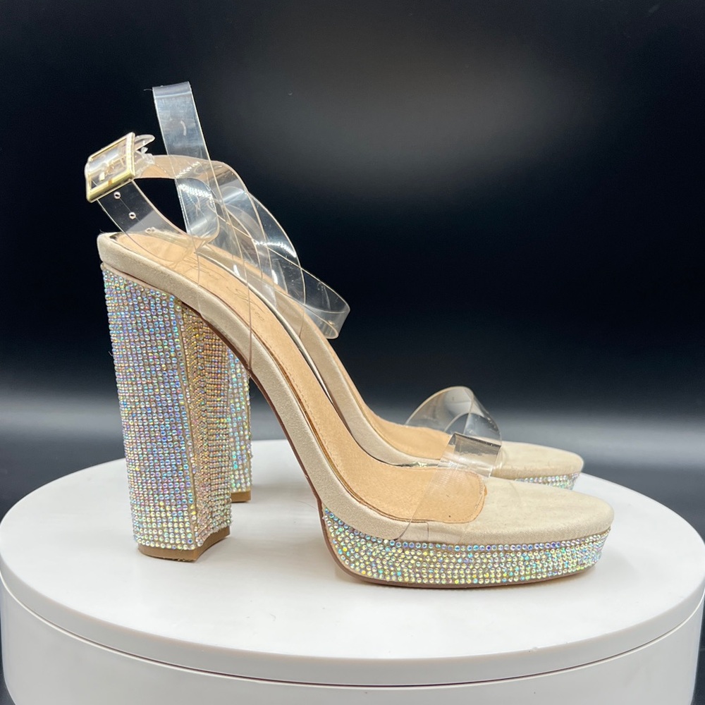 Vigo Fiore Nude and Clear Rhinestone Heels